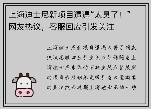 上海迪士尼新项目遭遇“太臭了！”网友热议，客服回应引发关注