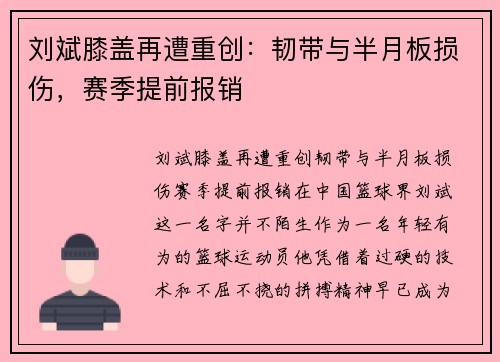 刘斌膝盖再遭重创：韧带与半月板损伤，赛季提前报销