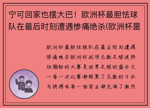 宁可回家也摆大巴！欧洲杯最胆怯球队在最后时刻遭遇惨痛绝杀(欧洲杯噩耗)