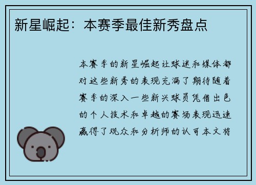 新星崛起：本赛季最佳新秀盘点