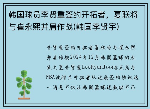 韩国球员李贤重签约开拓者，夏联将与崔永熙并肩作战(韩国李贤宇)