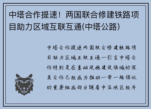 中塔合作提速！两国联合修建铁路项目助力区域互联互通(中塔公路)