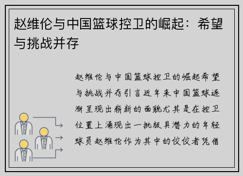 赵维伦与中国篮球控卫的崛起：希望与挑战并存