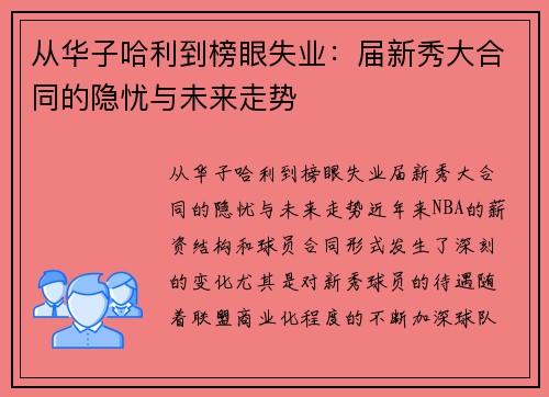 从华子哈利到榜眼失业：届新秀大合同的隐忧与未来走势
